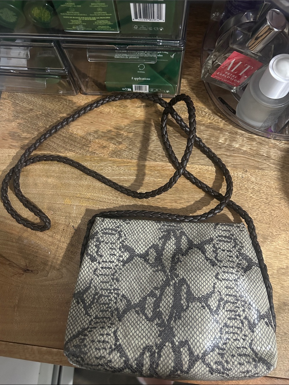 Woven Strap Snake-Print Crossbody Bag in Beige and Gray